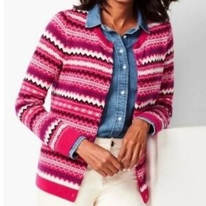 Talbots Fair Isle Lambswool Blend Cardigan Sweater Women Sz MP Pink Button Front